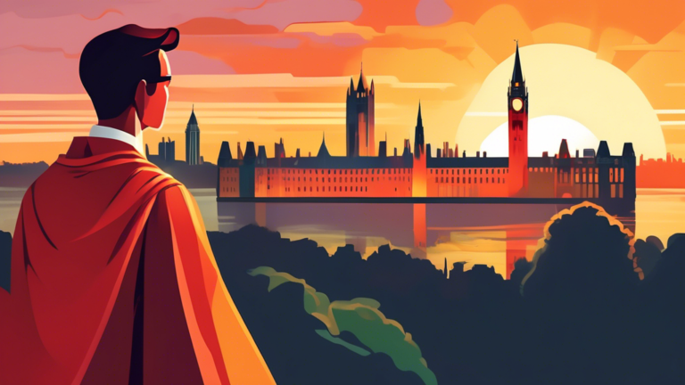 An illustration of a nurturing, trustworthy person, symbolized as a character with a combination of a traditional banker's attire and superhero costume, gently holding a model of a safe and secure home, with the iconic Parliament Hill silhouette of Ottawa in the background, illuminated by a sunrise symbolizing hope and renewal.