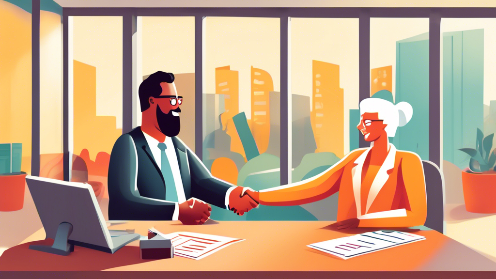 Detailed digital illustration of a friendly, professional licensed insolvency trustee shaking hands with a relieved client in a sunny, welcoming office in Laval, symbolizing guidance and trust, with brochures and guidebooks labeled 'Insolvency Help' on a desk nearby.