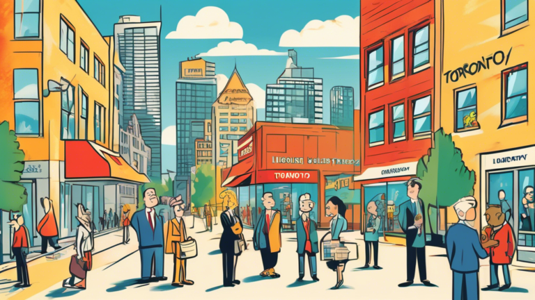 An illustrated map of Toronto highlighting various locations of licensed insolvency trustees with friendly cartoon characters standing outside each office, under a bright sunny sky.