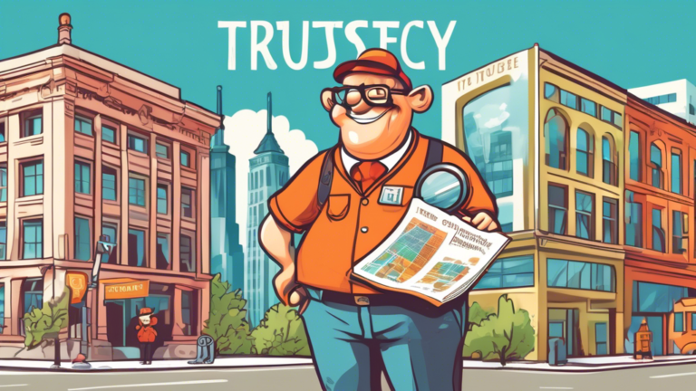 An illustration of a friendly, approachable guidebook character holding a map and a magnifying glass, standing in front of a welcoming office labeled 'Trustee in Bankruptcy, Toronto, Ontario', with iconic Toronto landmarks in the background.