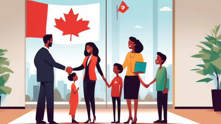 An animated image of a friendly, professional trustee shaking hands with a happy family outside an office labeled 'Consumer Proposal Services' in Mississauga, with the Canadian flag waving in the background.