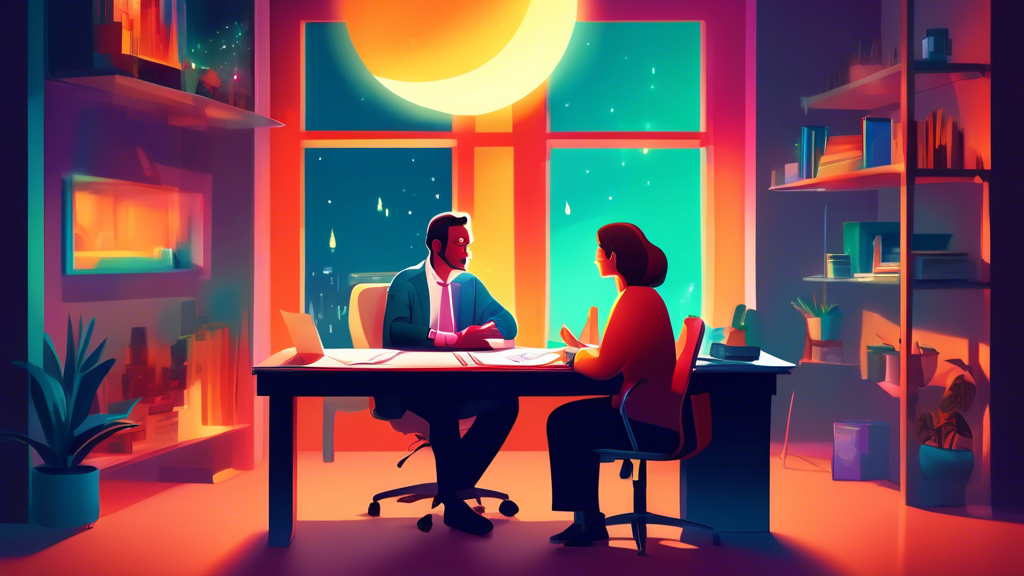 An optimistic individual sitting at a desk, discussing financial options with a caring advisor, amid the backdrop of a small, glowing light representing hope, all within the framework of a consumer proposal setting.