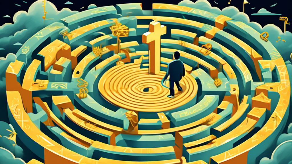 An illustrated guidebook cover featuring a determined character navigating a complex labyrinth shaped like a dollar sign, with the end goal of reaching a shining golden key labeled 'Debt Consolidation Loan', all under a stormy sky representing 'Bad Credit'.