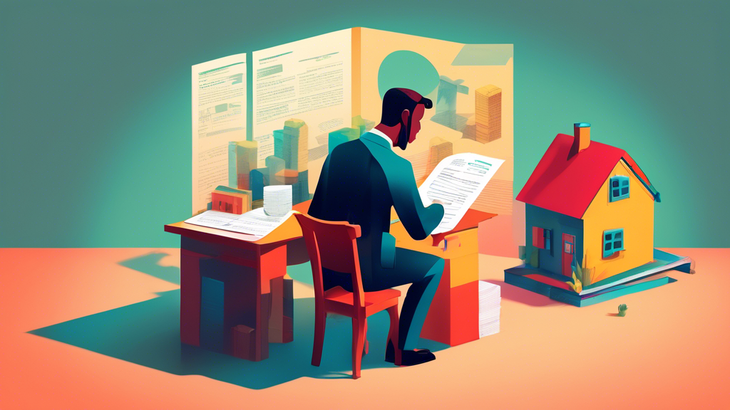 An illustration of a man sitting at a desk filled with financial documents, looking through a magnifying glass at a tiny house model, with the shadow of a large question mark looming over him, symbolizing the inquiry and complexities of obtaining a loan during a consumer proposal.