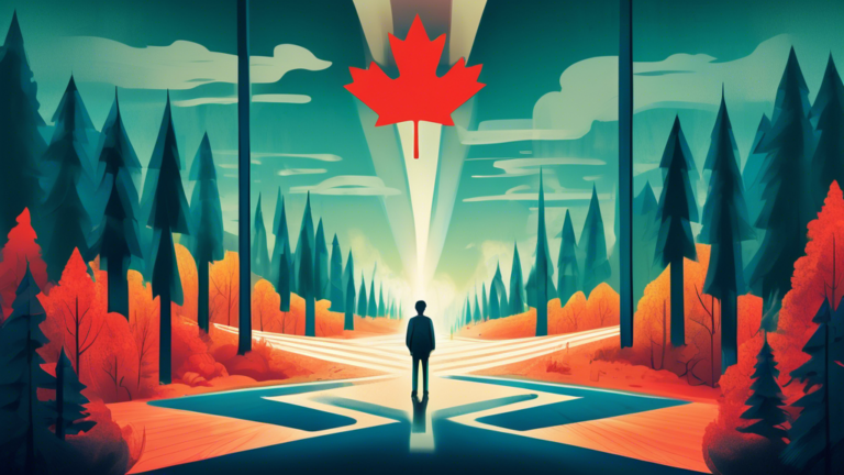 An illustration of a person standing at a crossroads, with one path leading towards a bank in a radiant cityscape representing financial stability, and the other path going towards a gloomy forest symbolizing financial uncertainty, all under the Canadian flag.