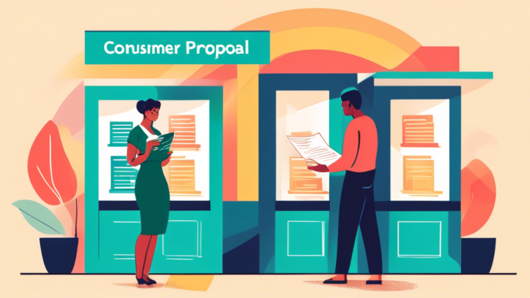 An illustration showing a person standing in front of a bank, thoughtfully holding a document titled 'Consumer Proposal', with a financial advisor explaining the process of getting a loan, all depicted in a calming and informative style.