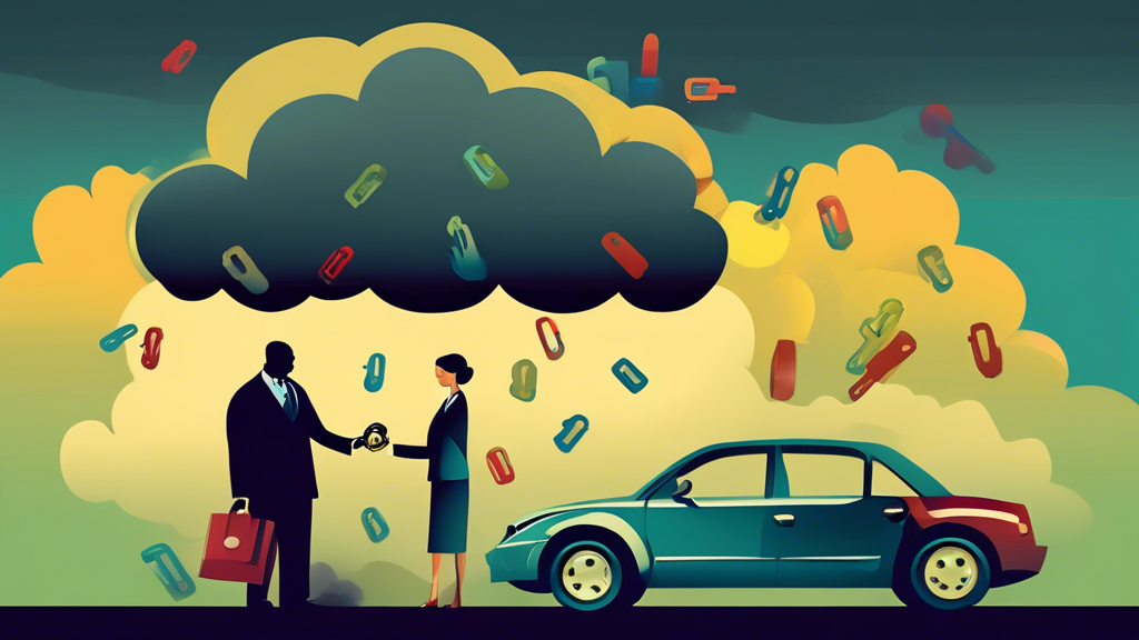 An illustration of a hopeful individual receiving a set of car keys from a friendly bank representative, under the shadow of a vanishing dark cloud, symbolizing overcoming bankruptcy, with a credit report and a gavel in the background.