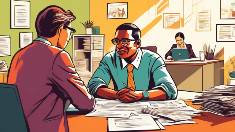 A hopeful individual sitting at a desk, surrounded by financial documents, discussing a car loan with a supportive bank representative, in a warm and welcoming office environment, symbolizing a new beginning after bankruptcy.