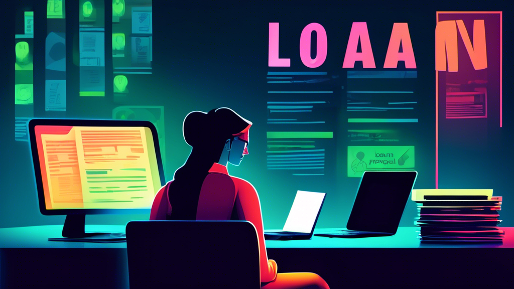 An illustration of a person sitting at a desk filled with financial documents, looking thoughtfully at a glowing laptop screen that displays the words 'Loan Approval' while a shadowy figure of a gavel looms in the background, symbolizing the complexity of getting a loan during a consumer proposal.