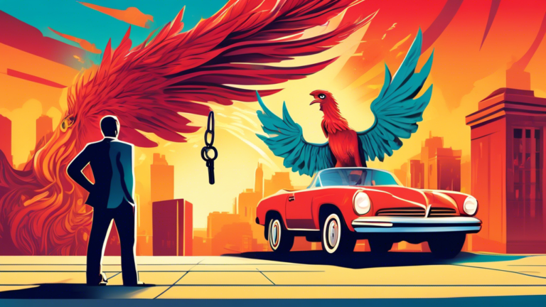 A hopeful person holding keys to a new car with a financial agreement in hand, standing in front of a bank building, with a large phoenix rising in the background symbolizing a fresh start after bankruptcy.