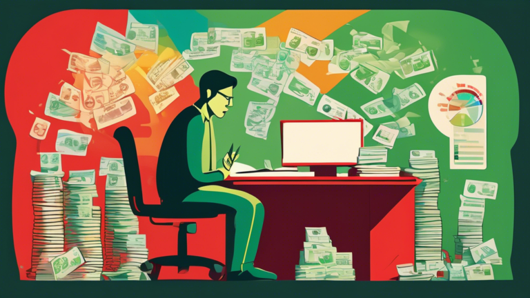 Create an image of a person sitting at a desk surrounded by piles of bills, looking worried. Then, a light bulb turns on overhead, and they start drawing a big, colorful diagram that combines all the bills into one, with a label that reads Debt Consolidation Loan. Behind them, a shadow of a credit score gauge transitions from red to green.