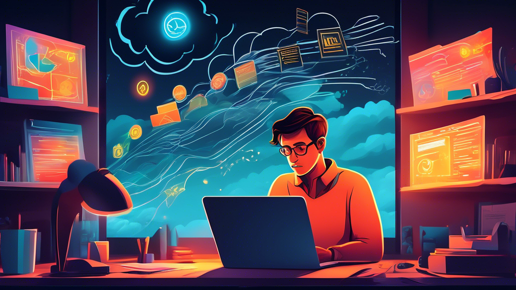 Detailed illustration of a person with a worried expression studying a glowing laptop screen that displays charts and options for consolidation loans, surrounded by swirling dark clouds that gradually turn into a bright, clear sky, symbolizing hope and solution, all against the backdrop of a cozy home office.