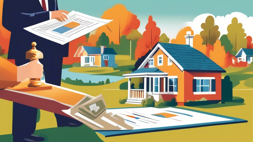 A detailed illustration of a legal professional explaining the steps of placing a lien on a property in Ontario, with visual elements including legal documents, the Ontario flag, and a residential home in the background.