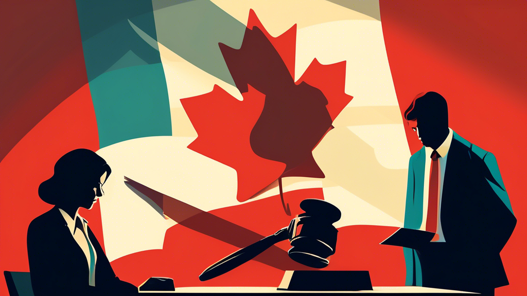 An illustration of a concerned couple reviewing financial documents together, with a shadow of the Canadian flag and a bankruptcy gavel in the background.