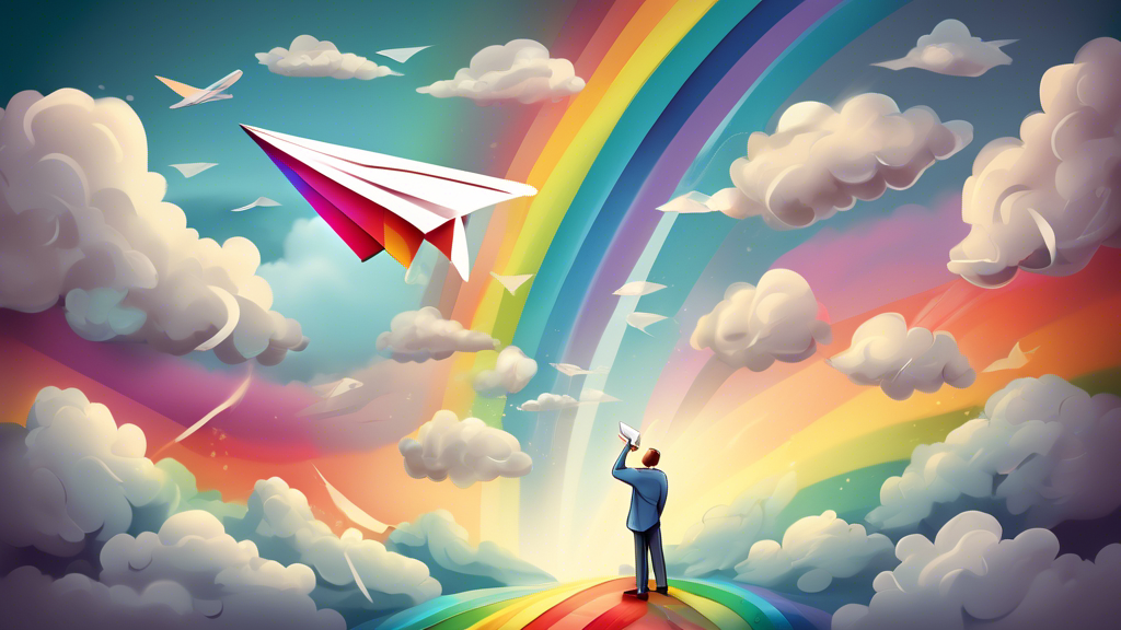 An illustrated step-by-step guide explaining how to apply for a bankruptcy order, with a comforting hand guiding a paper airplane through stormy clouds towards a rainbow.