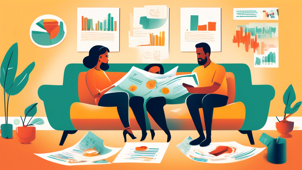 An illustrated guide showing a couple sitting together on a sofa, looking at documents, with icons representing financial stress such as declining graphs and dollar signs floating around, with a calm financial advisor explaining options, in a comforting living room environment.