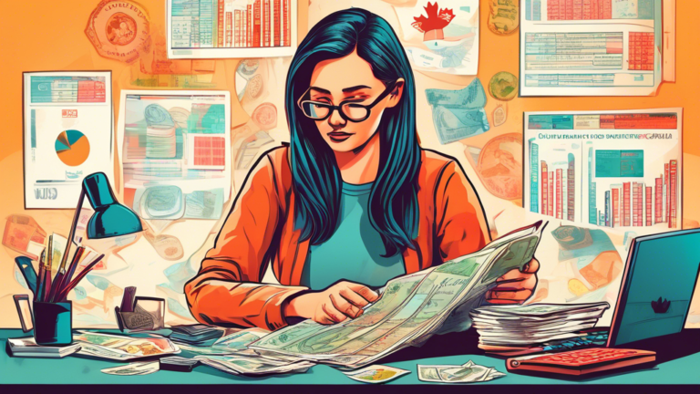 Detailed illustration of a person sitting at a desk, surrounded by financial charts and Canadian dollars, reading a guidebook titled 'Inheritance Loans in Canada'