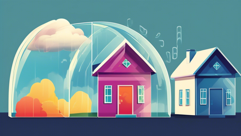 A digital illustration comparing two houses side by side: one protected by a transparent shield representing an insured mortgage, and the other exposed to stormy weather symbolizing an uninsured mortgage, with financial documents and a calculator in the foreground.