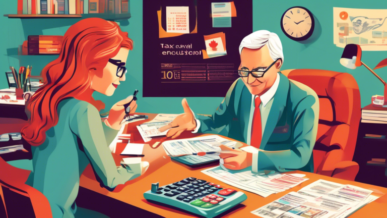 A friendly and knowledgeable tax advisor explaining the intricacies of Canadian tax deductions for counselling services to a curious client, with a backdrop of iconic Canadian symbols and a calculator and tax forms on the table.