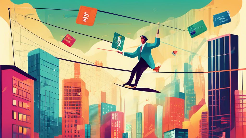 A person balancing on a tightrope above a cityscape, juggling credit cards and a consumer proposal document, with a safety net below labeled 'financial stability'.