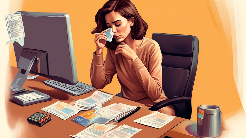 A detailed digital painting of a person thoughtfully examining a credit card while sitting at a desk covered in financial documents, with a guide titled Consumer Proposal Terms open beside them, in a soft, warm light to evoke a sense of careful consideration and hope.