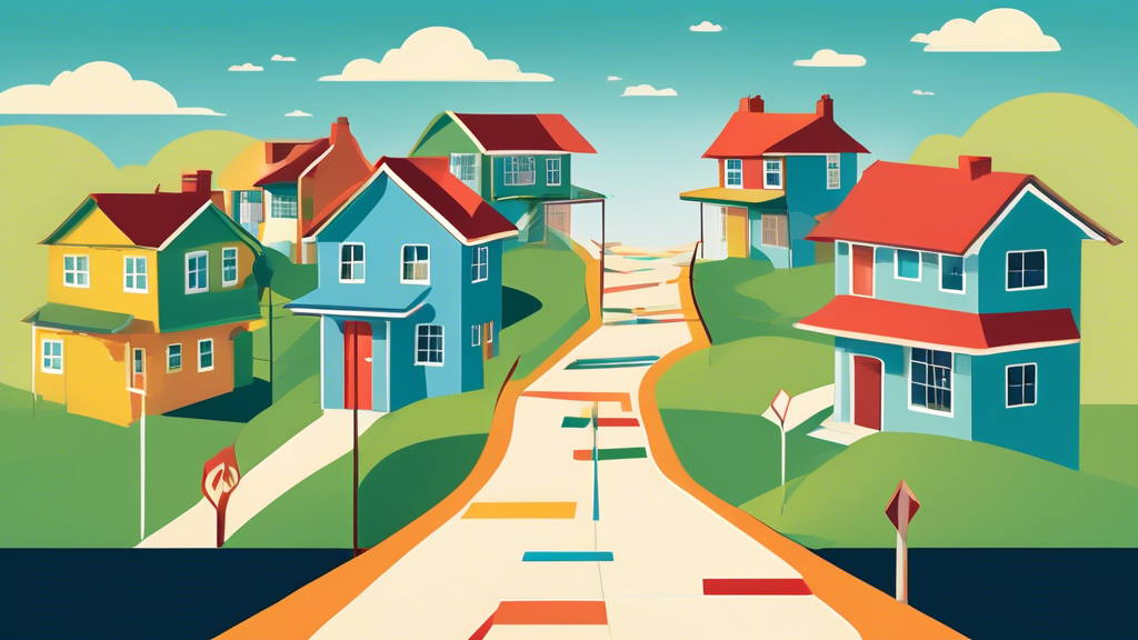 An illustration of a pathway splitting into several routes with each route leading to a different styled house, symbolizing diverse mortgage options, with a clear sky above and a signpost at the fork labeled 'Life After Consumer Proposal.'