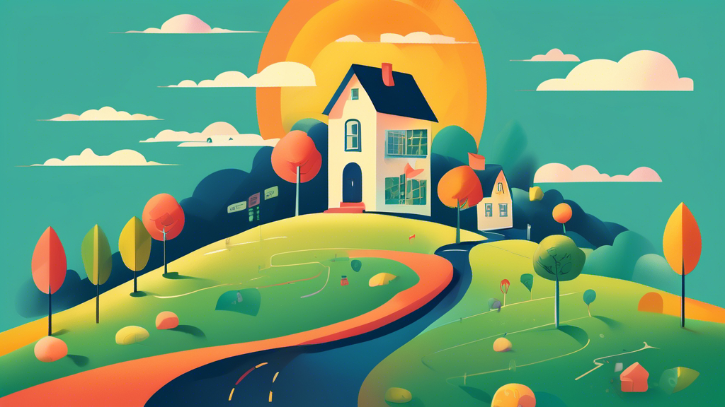 An illustration of a serene landscape divided by a winding path, with a house nestled at the end of the left path, signifying a mortgage, and a pile of neatly organized files representing debt management plans on the right path, under a sky painted with decision-making icons like question marks and arrows.