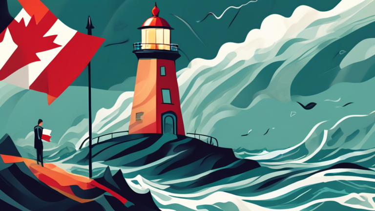 An illustration of a person using a compass to navigate through a stormy sea filled with financial documents and loan agreements, with a lighthouse in the distance shaped like the Canadian flag, signifying hope and guidance during a consumer proposal process.