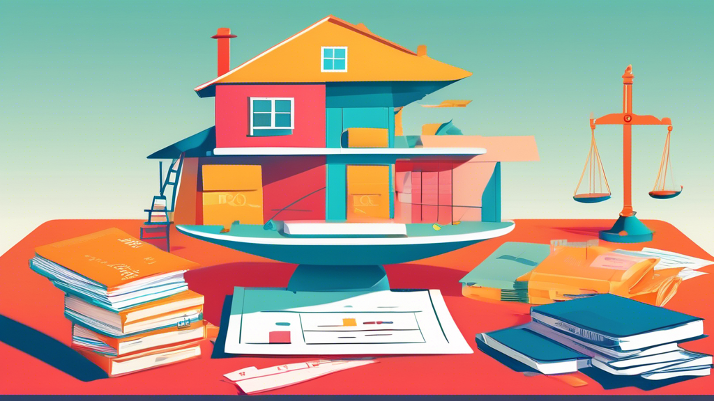 A balanced scale with 'Pros' written on one side and 'Cons' written on the other, standing atop a pile of financial documents and a pencil, with a thoughtful person in the background, all encompassed within an outline of a house.