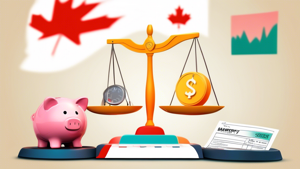 A balanced scales illustration with one side depicting fresh financial start symbols such as a new dawn and a piggy bank, and the other displaying the negatives of bankruptcy like a credit score dropping, amidst a backdrop of the Canadian flag and legal documents.