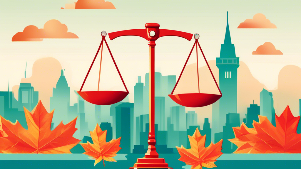 An illustration depicting the balance between positive and negative outcomes of filing for bankruptcy in Canada, symbolized by a scale with Canadian maple leaves on one side and dollar signs on the other, set against a backdrop of iconic Canadian landmarks.