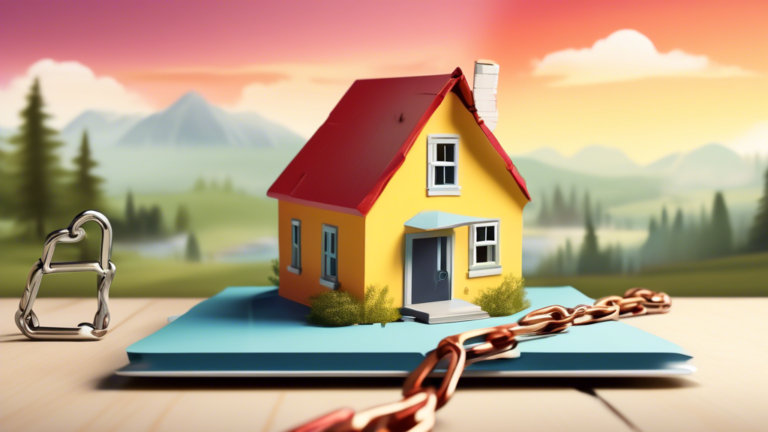 An illustrated step-by-step guide on a clipboard with a background of a serene Ontario landscape, showing the removal of a property lien, symbolized by chains breaking around a miniature house.