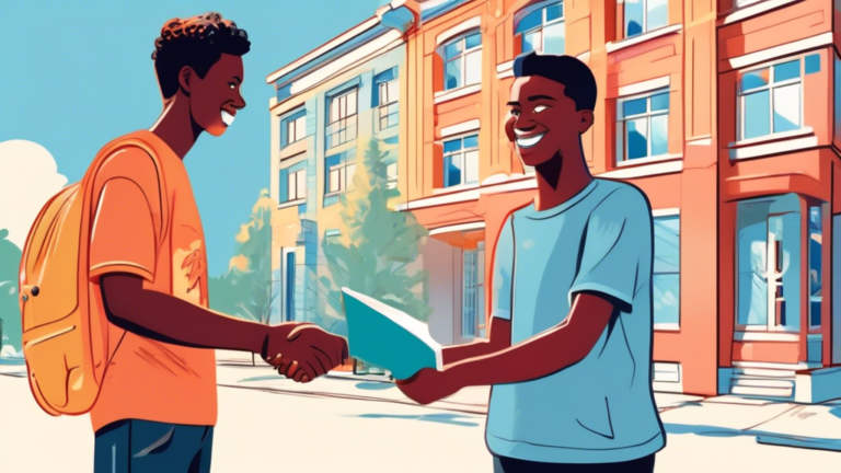 An optimistic young person shaking hands with a friendly landlord in front of a welcoming apartment building, while holding a guidebook titled 'Renting in Ontario with Bad Credit' under a clear blue sky.