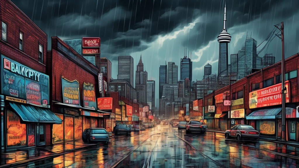 Depiction of a gloomy, foreboding skyline of Toronto with desolate streets filled with closed businesses and 'Bankruptcy Sale' signs, under a stormy sky, illustrating the economic downturn and rising bankruptcies in the city.