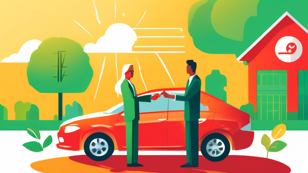 An optimistic individual shakes hands with a friendly car dealer next to a new car under a bright sun, with a large key symbolizing a new beginning, and financial documents with a prominent green check mark floating above in a dealership lot in Markham, Ontario, while a credit score meter transitions from red to green in the background.