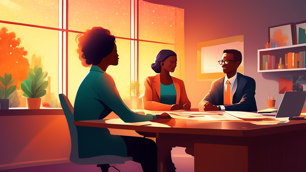 A hopeful individual consulting with a financial advisor about debt consolidation options, depicted in a warm and welcoming office setting, with a shimmering light of hope coming through the window, symbolizing a positive future despite bad credit.