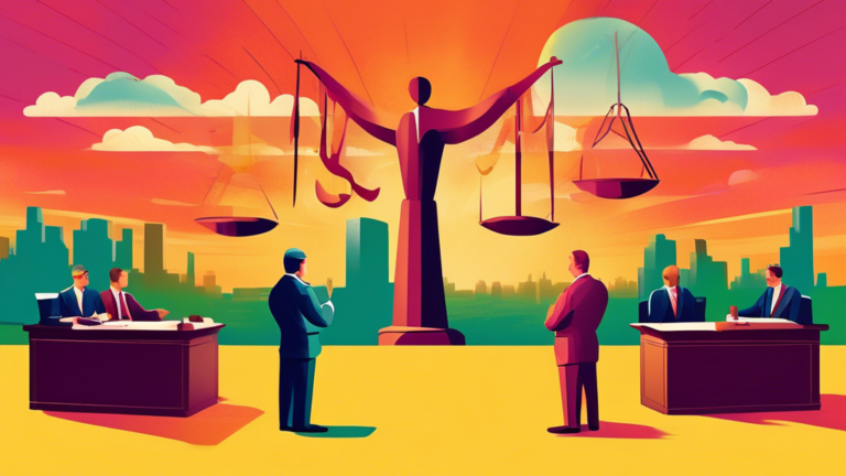 An illustrative courtroom scene featuring attorneys in debate over a large, metaphorical scale balancing the words 'Seize' and 'Sue' against a backdrop of the Alberta landscape.