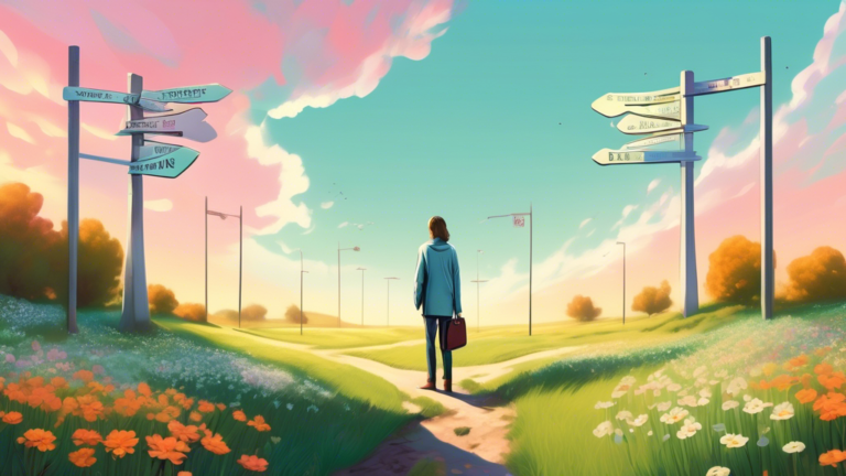 A digital painting of a serene landscape with clear skies, featuring a person standing at a crossroads with signs pointing towards Current Debts and Debt Consolidation, the latter leading to a sunlit path through a fresh, blooming meadow symbolizing a fresh start and financial freedom.