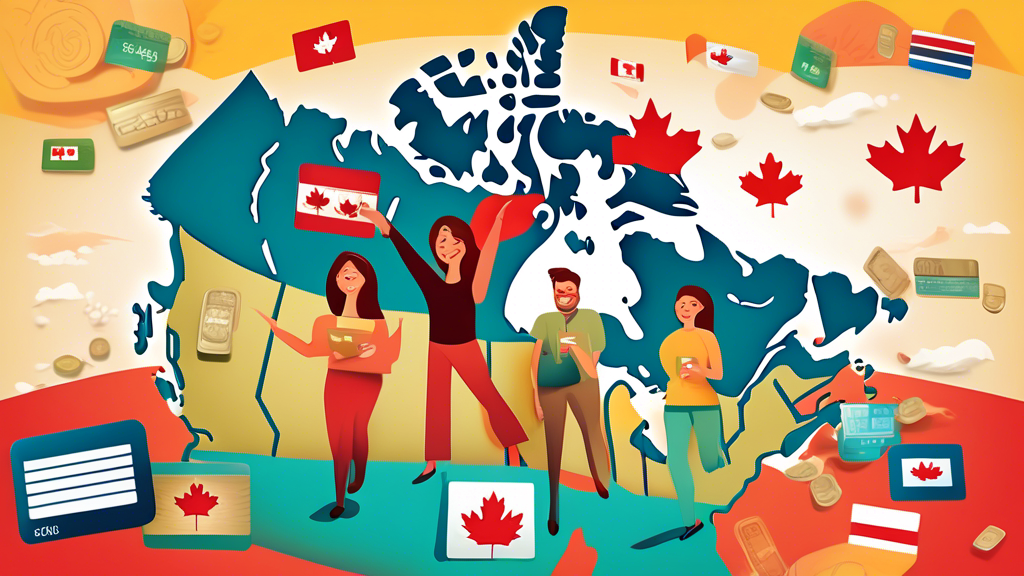 Animated representation of happy consumers holding various credit cards over a stylized map of Canada, with iconic Canadian landmarks in the background.