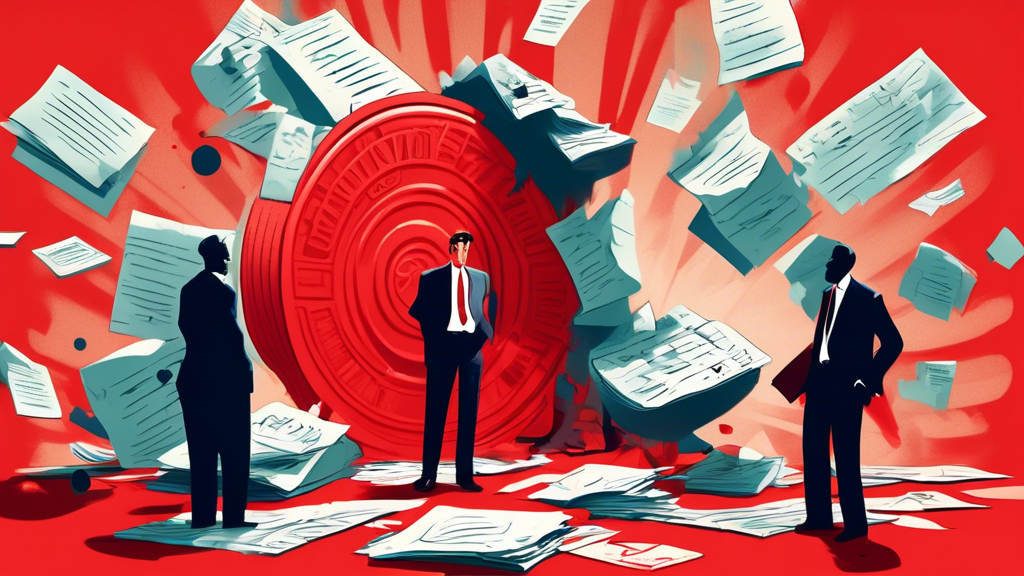 An illustration of a puzzled person standing in front of a giant red stamp saying 'DENIED' on a pile of documents labeled 'Consumer Proposal', with shadowy figures of bankers shaking their heads in the background, all depicted in a courtroom setting.