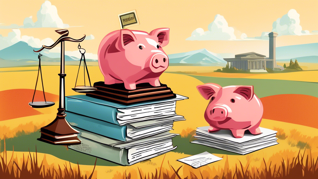 A detailed illustration of a gavel and scales of justice balancing a piggy bank and a stack of papers labeled 'debt collection laws,' set against the backdrop of Alberta's prairie landscape.