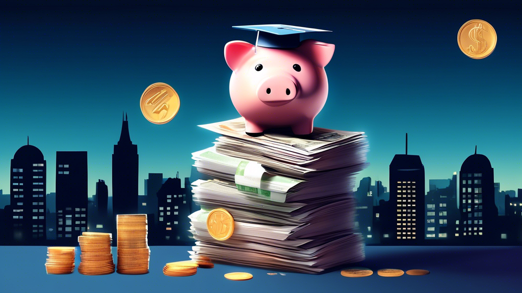 An illustrative image of a savings piggy bank wearing a graduation cap, sitting on top of a stack of financial documents labeled '2023 Bankruptcy Surplus Income Guidelines', with coins and banknotes flying into and out of the piggy bank, set against a backdrop of a simplified city skyline transitioning from night to day.