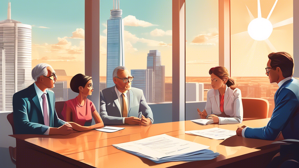 Detailed illustration of a comforting and welcoming legal advisor explaining bankruptcy documents to a worried family in a sunny, calm office in Calgary, with the iconic Calgary Tower visible through the window.