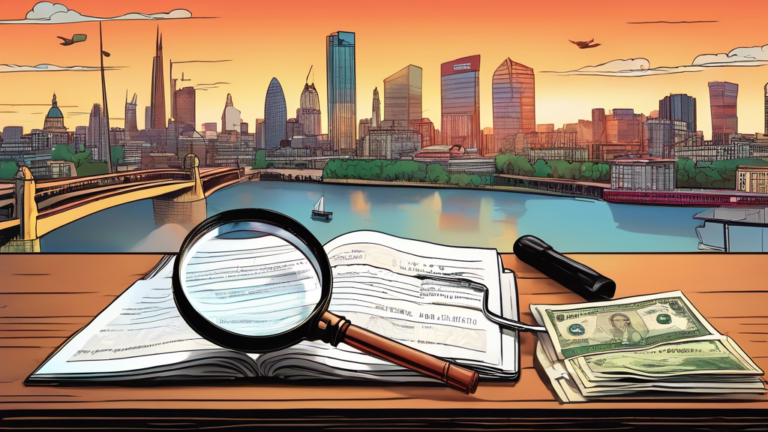 An illustrated guidebook on a wooden table, with a magnifying glass focusing on a page titled 'Understanding Bankruptcy in London, Ontario', surrounded by financial documents and Canadian currency, in front of a backdrop of London, Ontario's skyline at dusk.