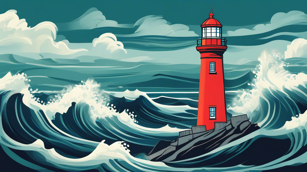 An illustrated guidebook cover featuring a lighthouse standing strong amidst a turbulent sea, symbolising navigating through bankruptcy in Nova Scotia.