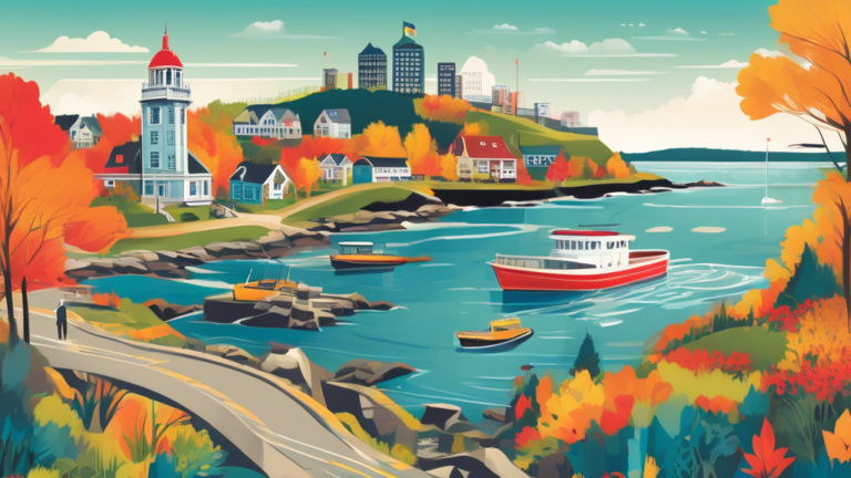 An illustrated guide showing the steps and process of filing for bankruptcy in Nova Scotia, Canada, set against the backdrop of iconic Nova Scotian landmarks.