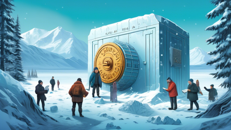 An intricate illustration of a locked ice-covered bank vault with a CRA (Canada Revenue Agency) emblem engraved on it, positioned in a cold, arctic landscape, with worried individuals holding financial documents standing around it, looking for keys scattered on the snow.