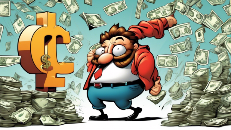 Detailed illustration of a person being unchained from a large, heavy dollar sign by a friendly looking, cartoon-style Canada Revenue Agency (CRA) mascot, with a background of official forms and calculators symbolizing relief and financial freedom.