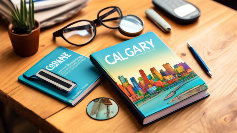 An illustrated guidebook lying on a wooden table, with a vibrant cover showcasing a serene Calgary skyline, a calculator, and a magnifying glass symbolizing a deep dive into consumer proposals.