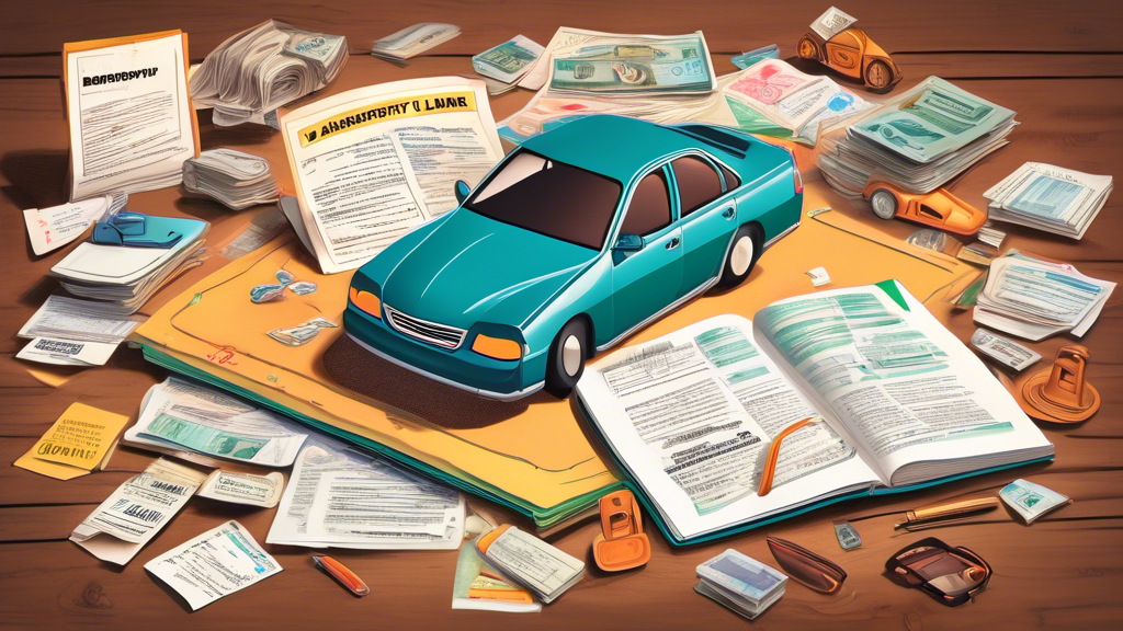 A complex, detailed illustration of a car made out of financial documents and bankruptcy forms, with a guidebook titled 'Understanding Car Bankruptcy Loans' laying next to it on a wooden desk, all surrounded by legal and loan-related iconography.